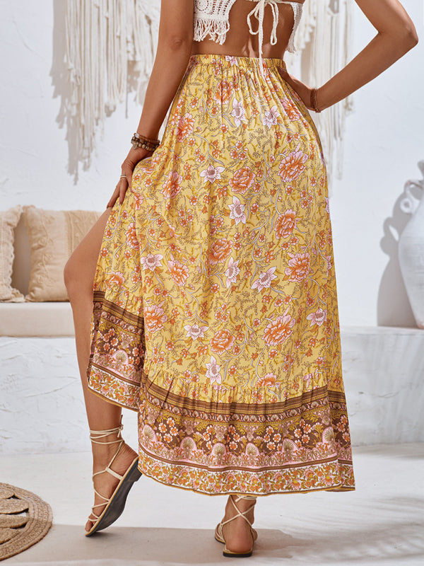 Casual bohemian printed waist drawstring skirt