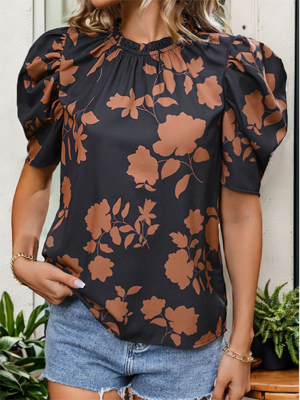 Printed round neck, horseshoe sleeves and elegant shirt