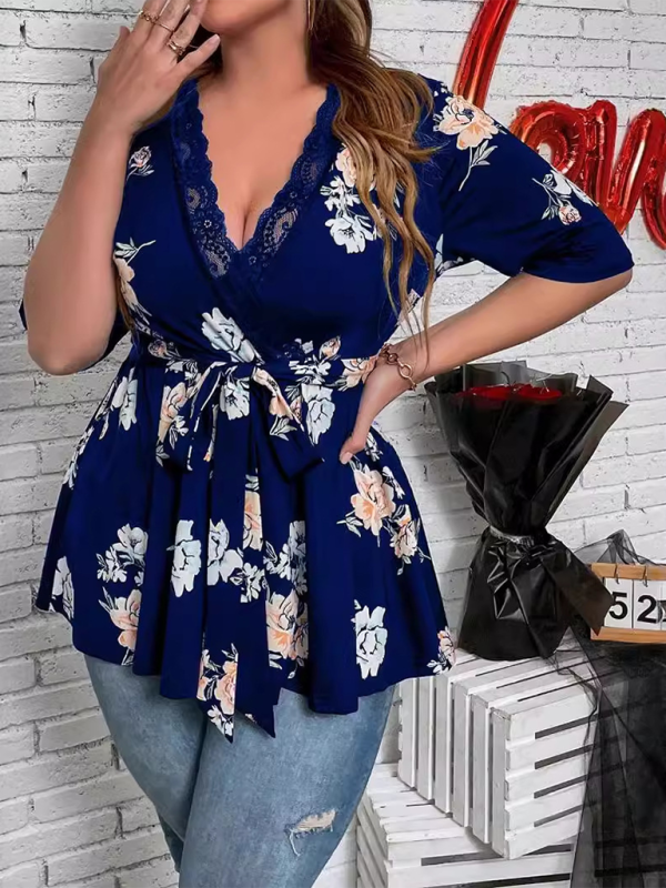 Plus size women's new printed V-neck lace shirt