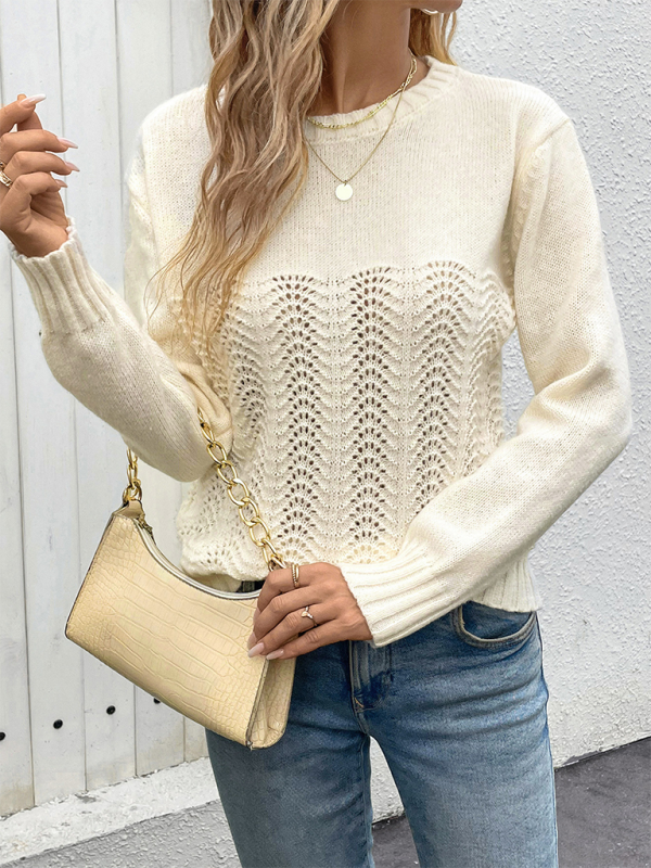 Simple Round Neck Long Sleeve Hollow Sweater