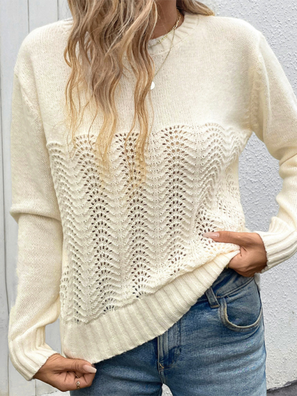 Simple Round Neck Long Sleeve Hollow Sweater