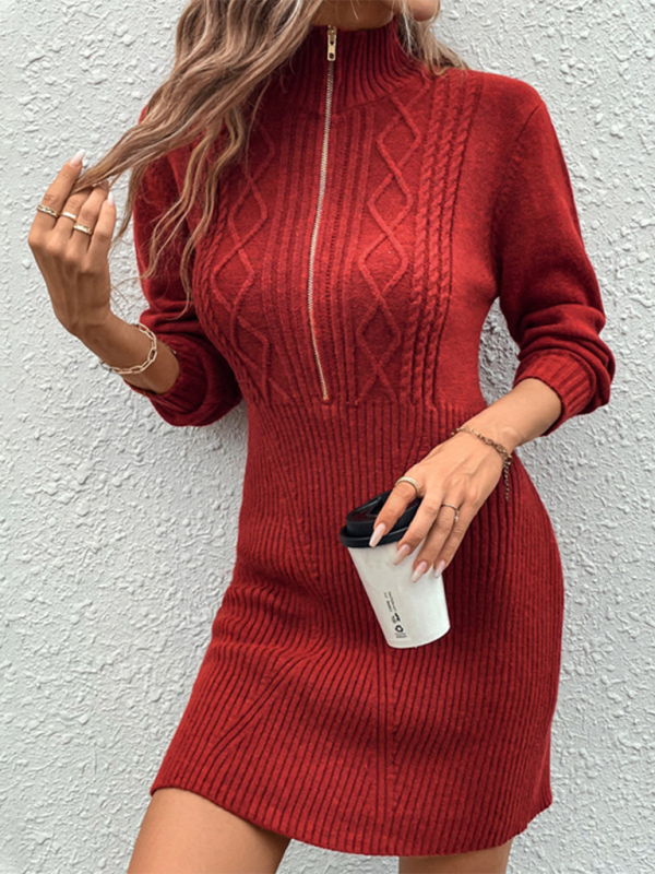 Fashionable women's lapel zipper sweater dress