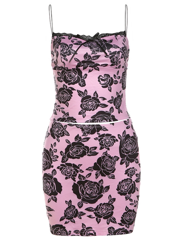 Women's fashion rose print suspenders sexy slim hip skirt suit