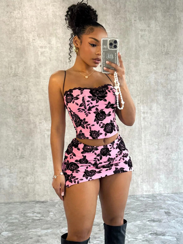 Women's fashion rose print suspenders sexy slim hip skirt suit