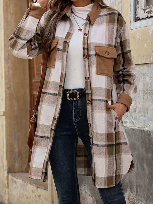 Women's new mid-length plaid cardigan retro brushed plaid patchwork jacket