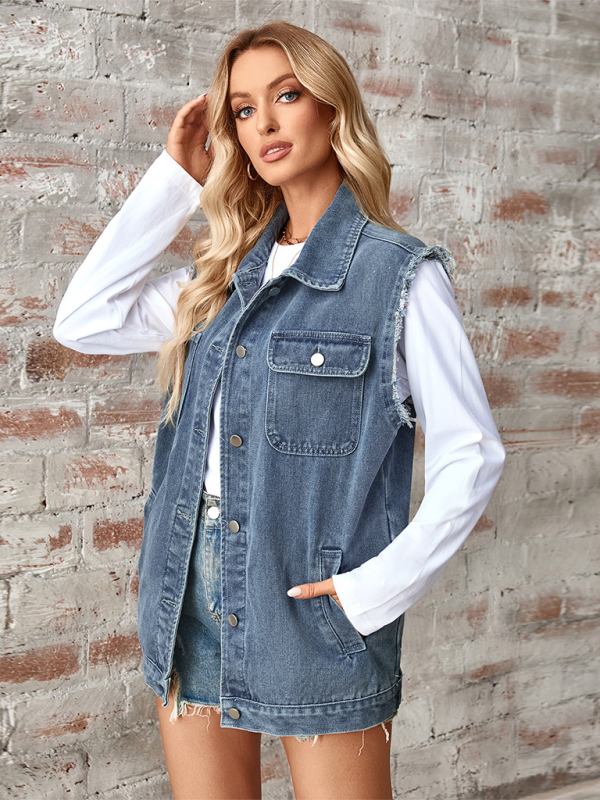 Ladies washed denim loose vest waistcoat cardigan