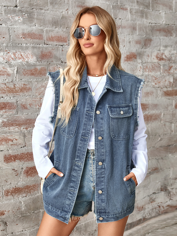 Ladies washed denim loose vest waistcoat cardigan