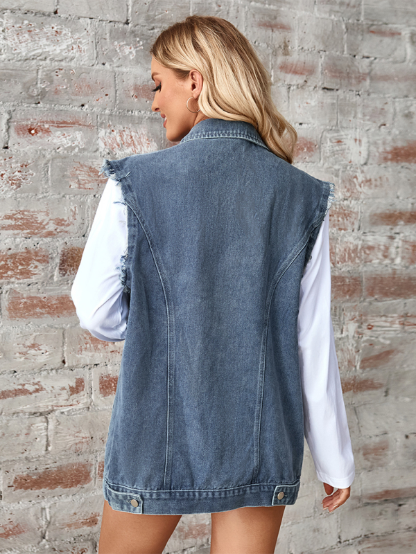 Ladies washed denim loose vest waistcoat cardigan