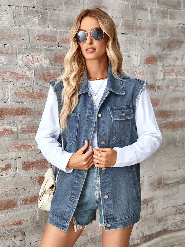 Ladies washed denim loose vest waistcoat cardigan