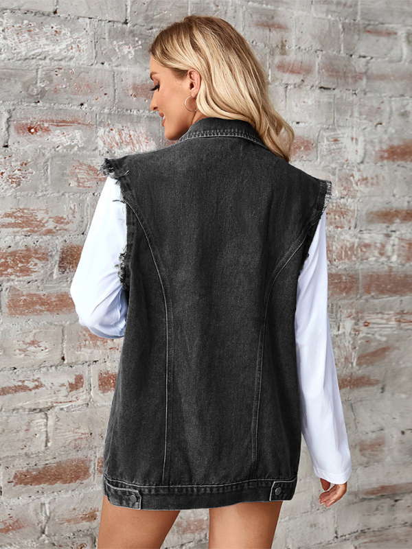 Ladies washed denim loose vest waistcoat cardigan