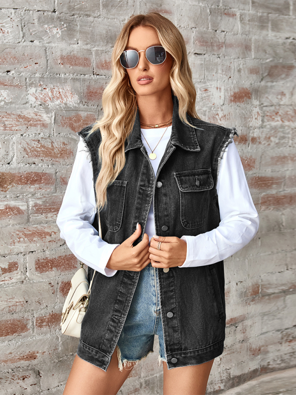 Ladies washed denim loose vest waistcoat cardigan