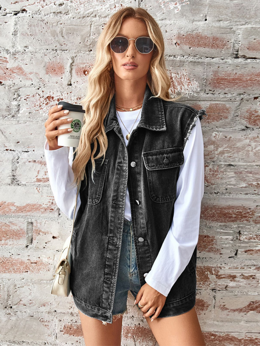 Ladies washed denim loose vest waistcoat cardigan