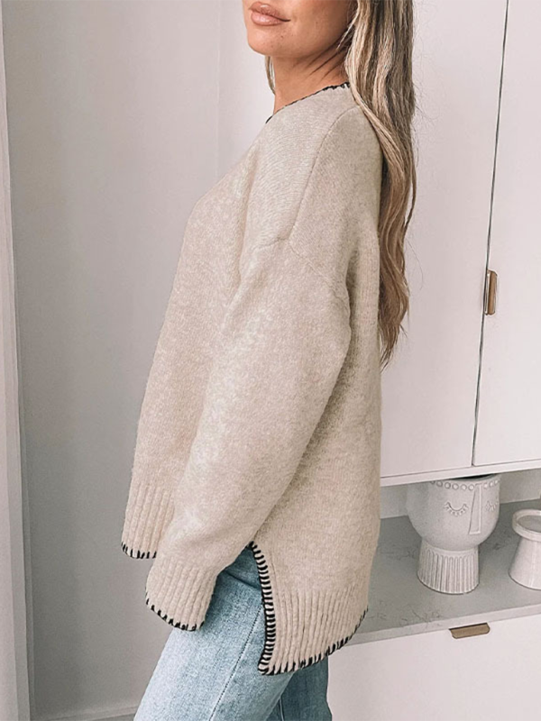 Round neck casual long sleeve split pullover sweater