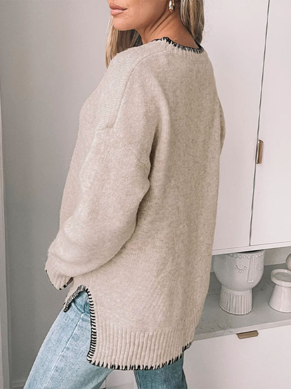 Round neck casual long sleeve split pullover sweater