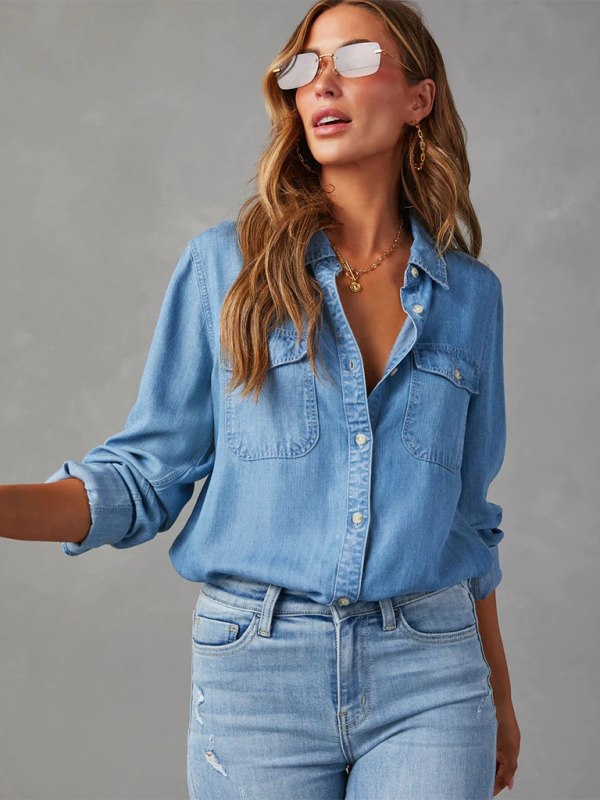 Casual lapel single-breasted long-sleeved denim shirt