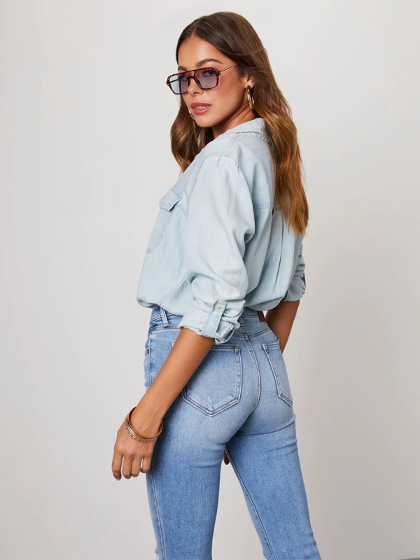 Casual lapel single-breasted long-sleeved denim shirt