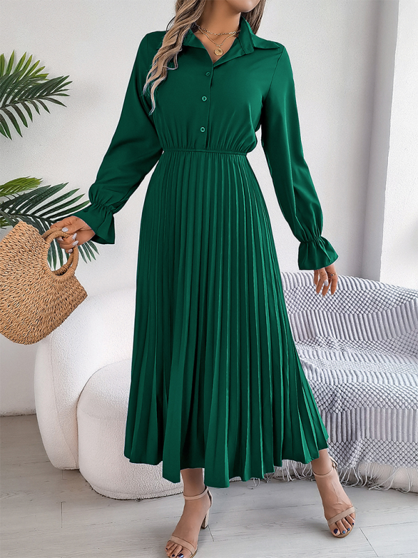 Casual Lapel Button Long Sleeve Waisted Pleated Long Dresses