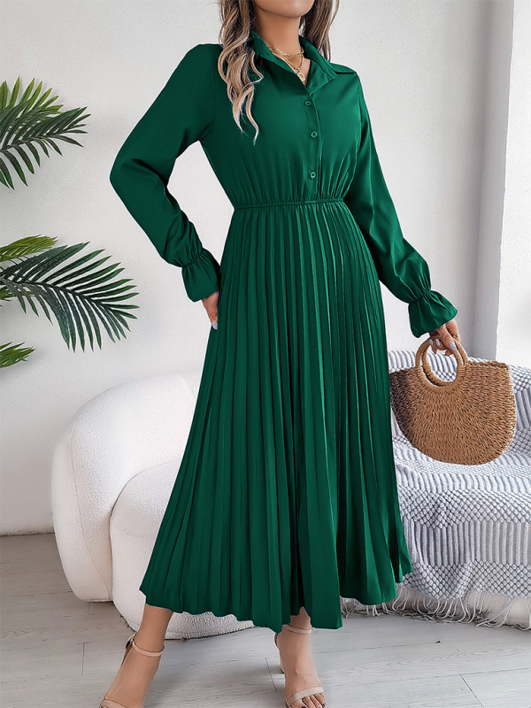 Casual Lapel Button Long Sleeve Waisted Pleated Long Dresses