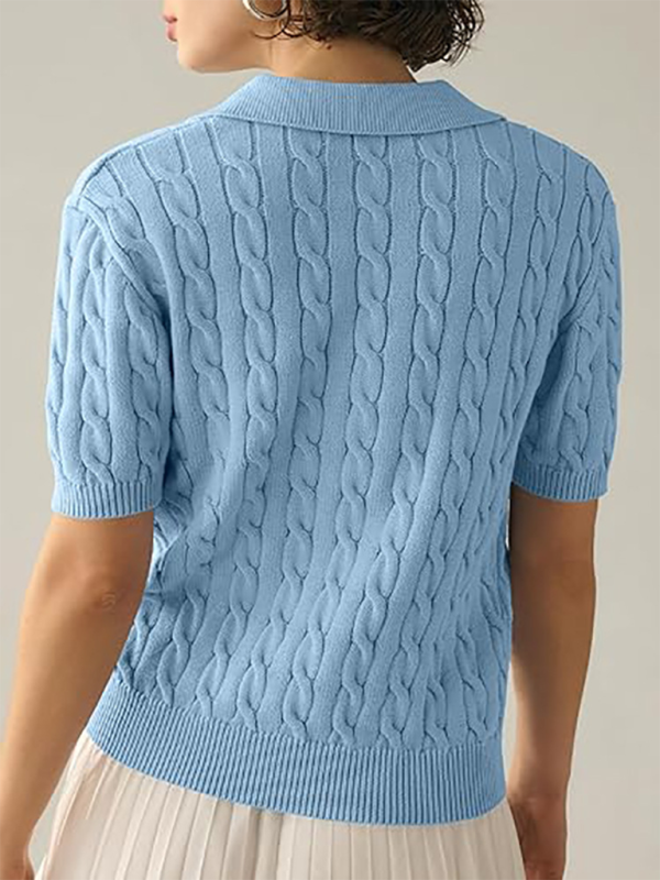 Women's Polo Neck Short Sleeve Twisted Knit Sweater