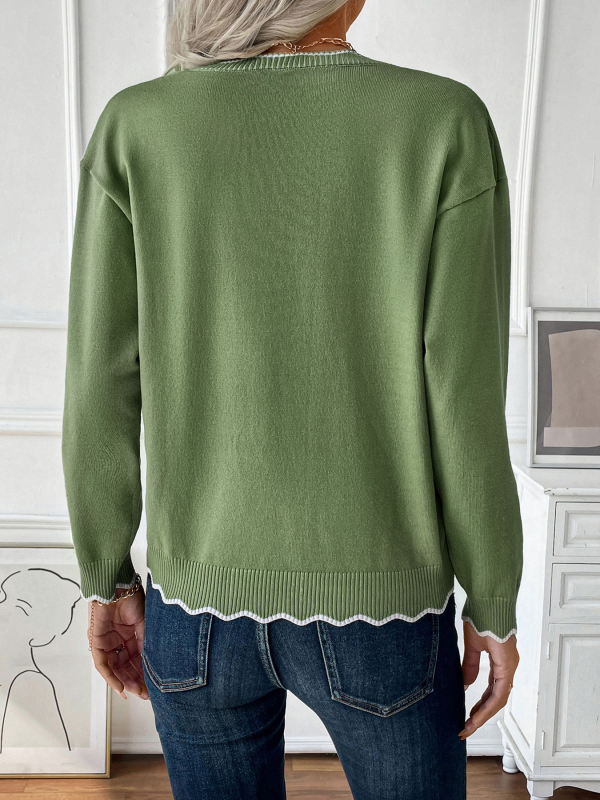 New round neck casual pullover sweater zipper contrast color edge knitted sweater