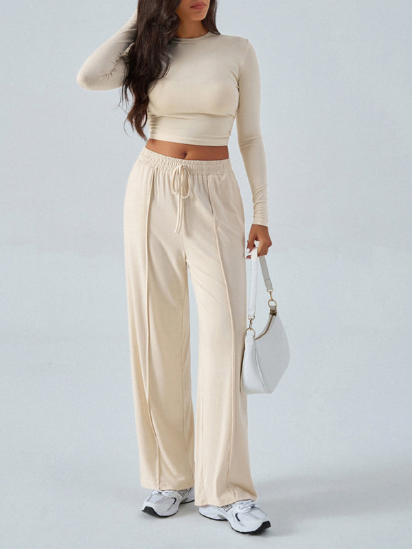 Women's Crew Neck Long Sleeve Top Wide Leg Pants Set  Shop One Place