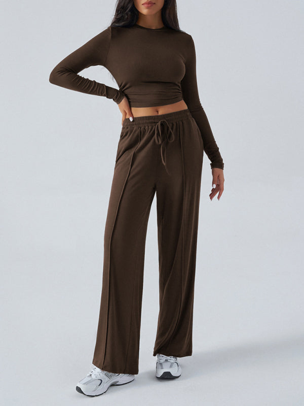 Women's Crew Neck Long Sleeve Top Wide Leg Pants Set  Shop One Place
