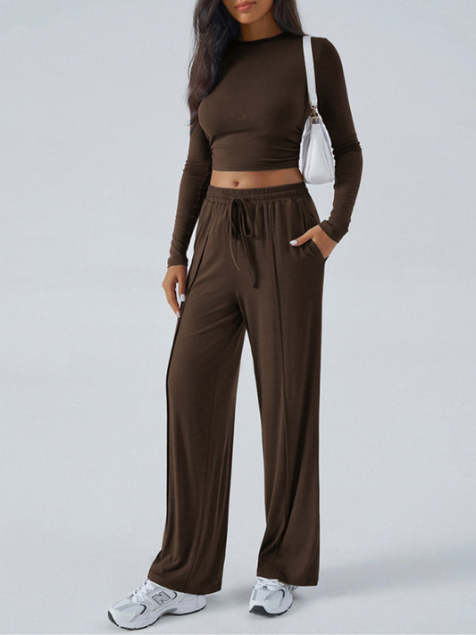 Women's Crew Neck Long Sleeve Top Wide Leg Pants Set  Shop One Place