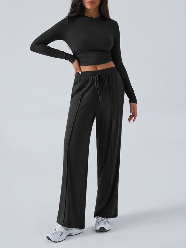 Women's Crew Neck Long Sleeve Top Wide Leg Pants Set  Shop One Place