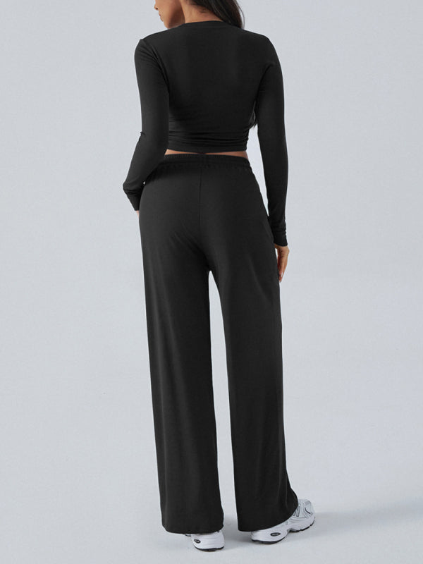Women's Crew Neck Long Sleeve Top Wide Leg Pants Set  Shop One Place
