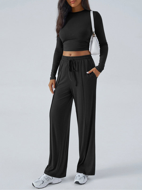 Women's Crew Neck Long Sleeve Top Wide Leg Pants Set  Shop One Place