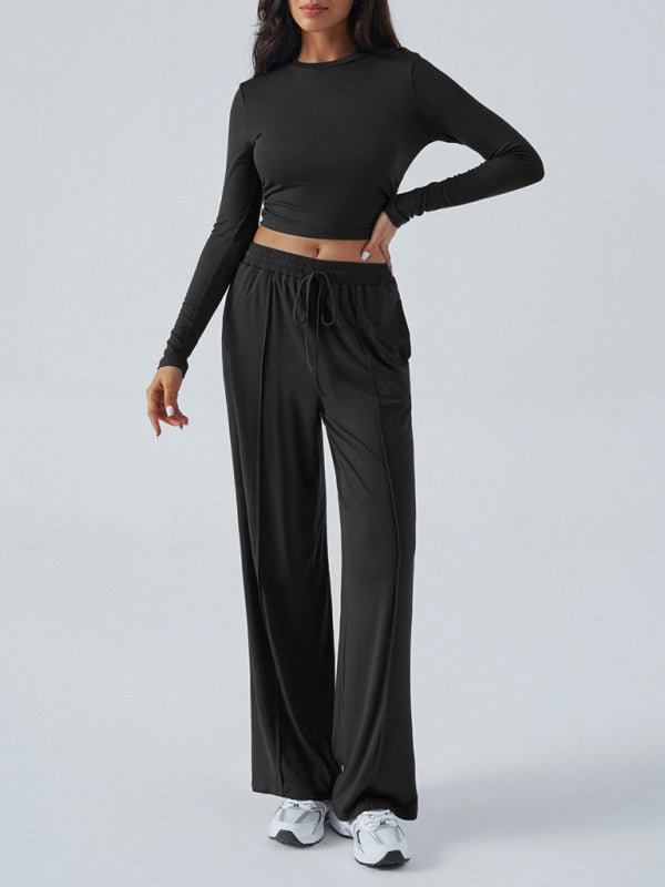 Women's Crew Neck Long Sleeve Top Wide Leg Pants Set  Shop One Place