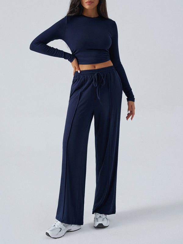 Women's Crew Neck Long Sleeve Top Wide Leg Pants Set  Shop One Place