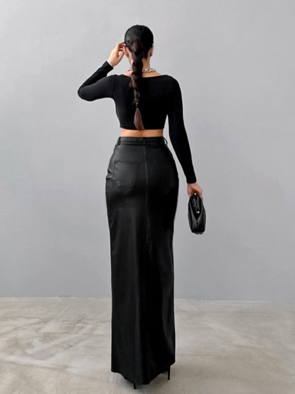 Women's Slit Solid Color High Waist Simple Leather Slim Skirt  Shop One Place