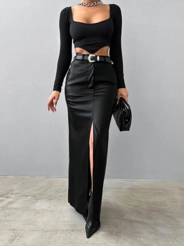 Women's Slit Solid Color High Waist Simple Leather Slim Skirt  Shop One Place