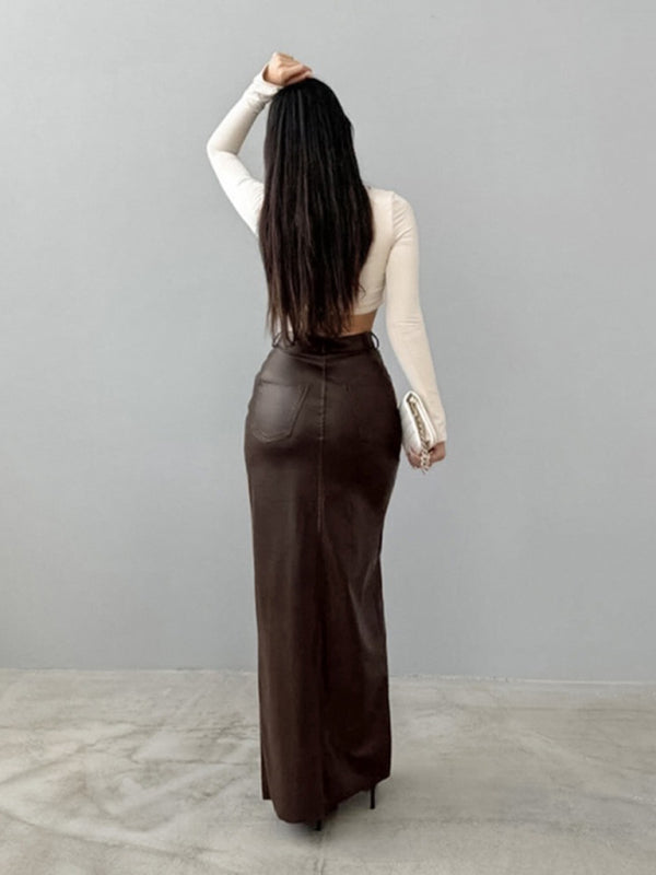 Women's Slit Solid Color High Waist Simple Leather Slim Skirt  Shop One Place