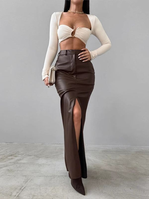 Women's Slit Solid Color High Waist Simple Leather Slim Skirt  Shop One Place