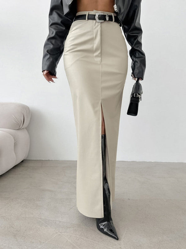 Women's Slit Solid Color High Waist Simple Leather Slim Skirt  Shop One Place