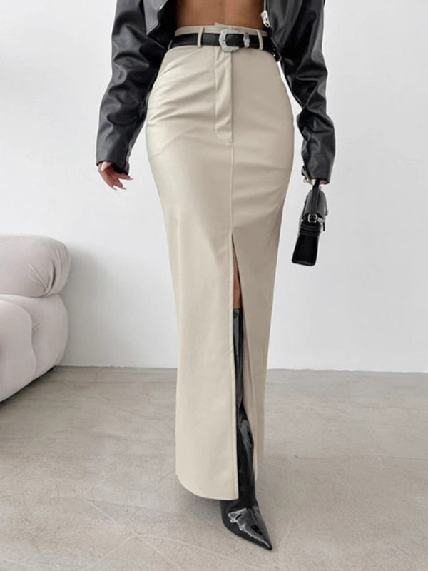Women's Slit Solid Color High Waist Simple Leather Slim Skirt  Shop One Place