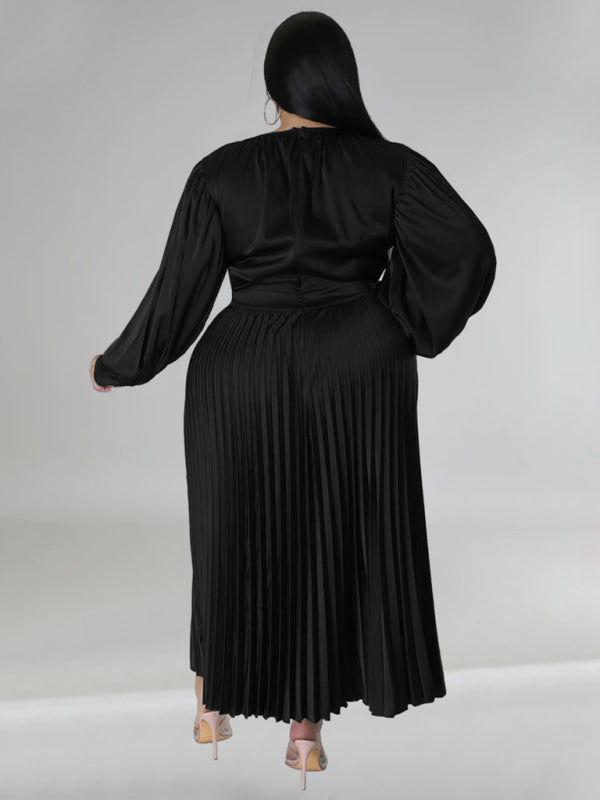 Plus Size Women's Pleated Round Neck Long Sleeve Dress