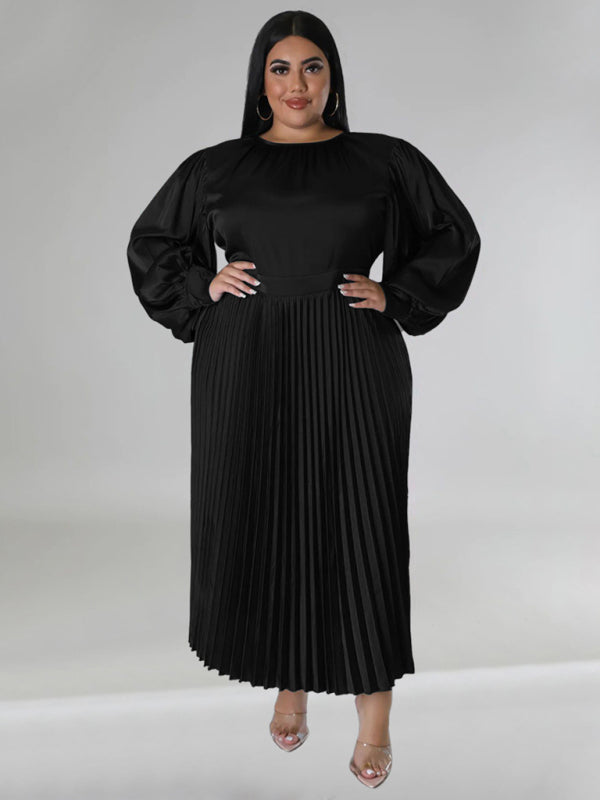 Plus Size Women's Pleated Round Neck Long Sleeve Dress