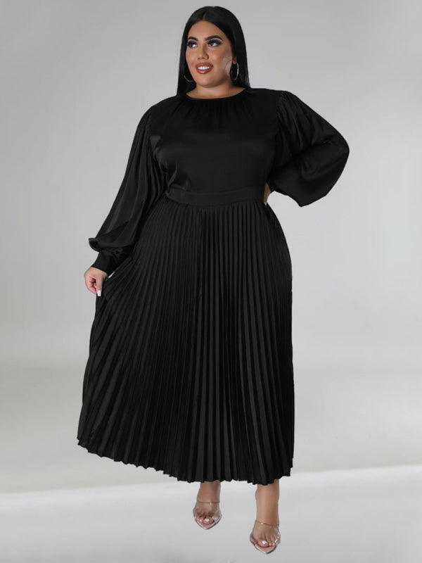 Plus Size Women's Pleated Round Neck Long Sleeve Dress