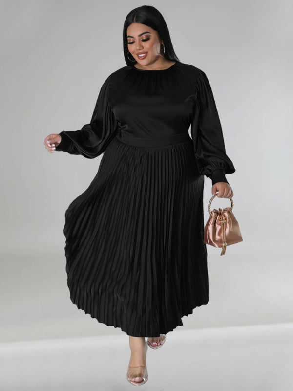 Plus Size Women's Pleated Round Neck Long Sleeve Dress