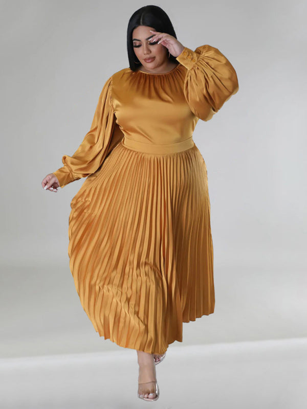 Plus Size Women's Pleated Round Neck Long Sleeve Dress