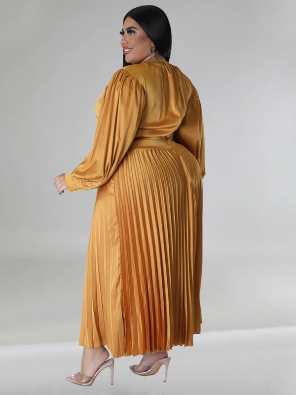 Plus Size Women's Pleated Round Neck Long Sleeve Dress