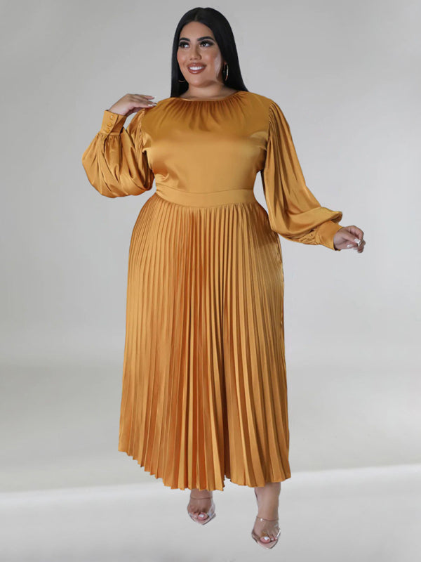 Plus Size Women's Pleated Round Neck Long Sleeve Dress