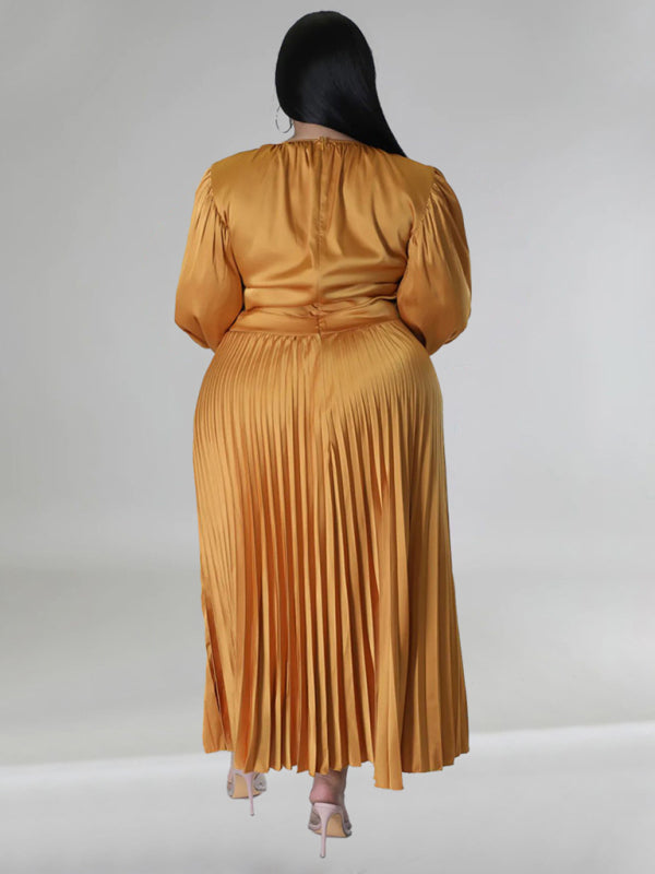 Plus Size Women's Pleated Round Neck Long Sleeve Dress