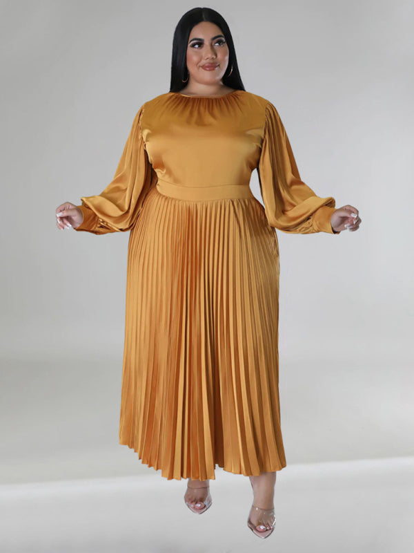 Plus Size Women's Pleated Round Neck Long Sleeve Dress