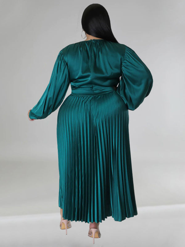 Plus Size Women's Pleated Round Neck Long Sleeve Dress