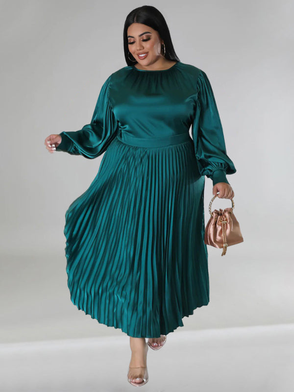 Plus Size Women's Pleated Round Neck Long Sleeve Dress