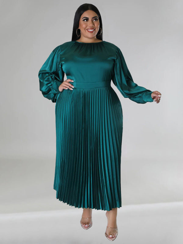 Plus Size Women's Pleated Round Neck Long Sleeve Dress